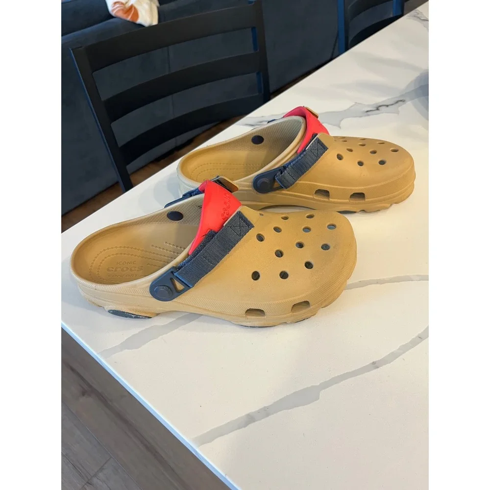 Crocs Classic Tan Clogs Red Blue Strap Comfort Slip On Shoes Men Women Size 9 11